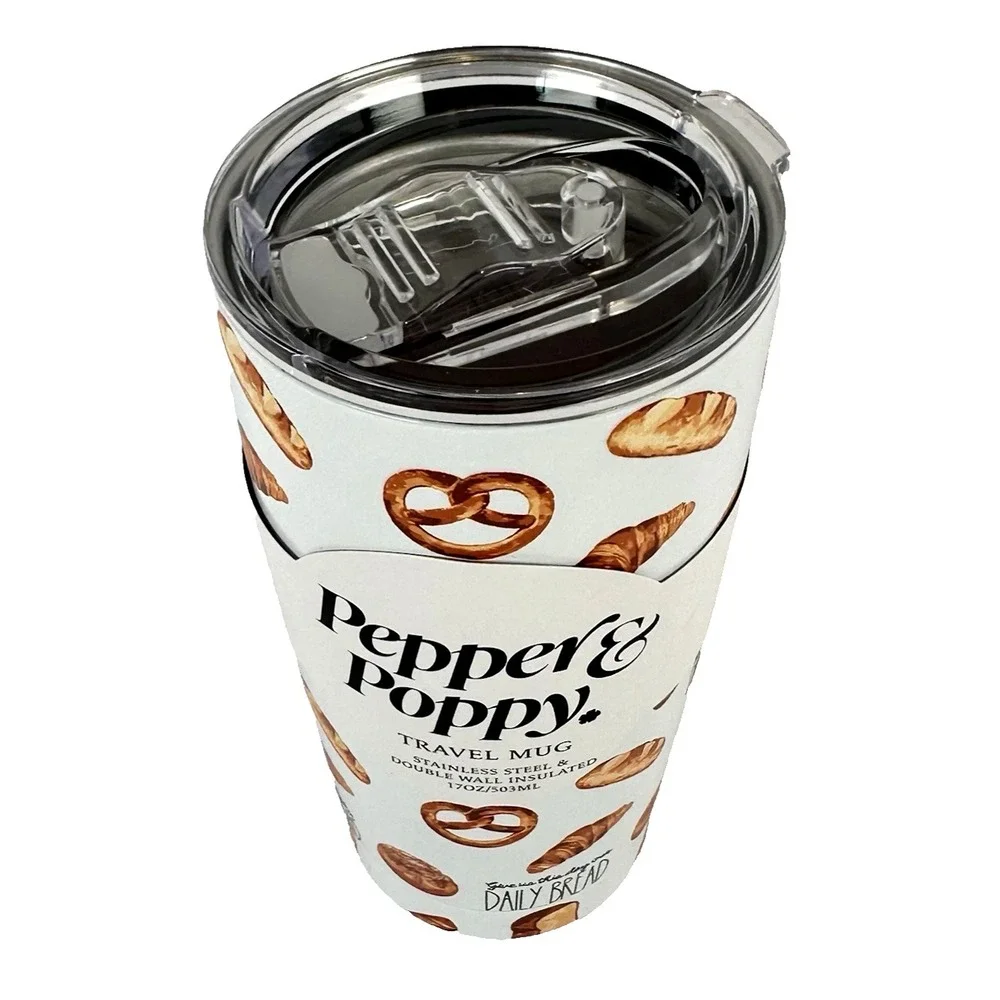 Pepper & Poppy Travel Mug 17oz Stainless Steel Insulated Bread Pretzel
